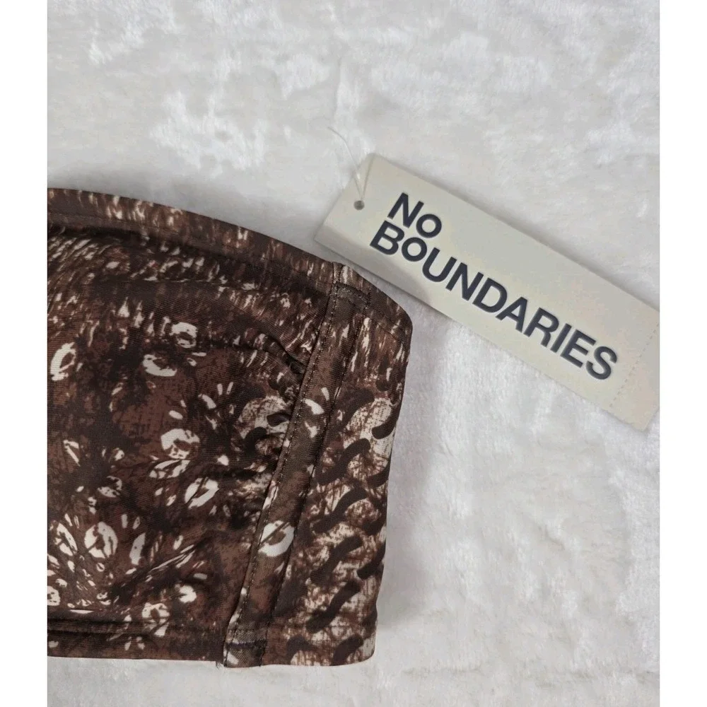 No Boundaries Bikini Set Brown Print Bandeau Cheeky High Leg M 8-10 NWT